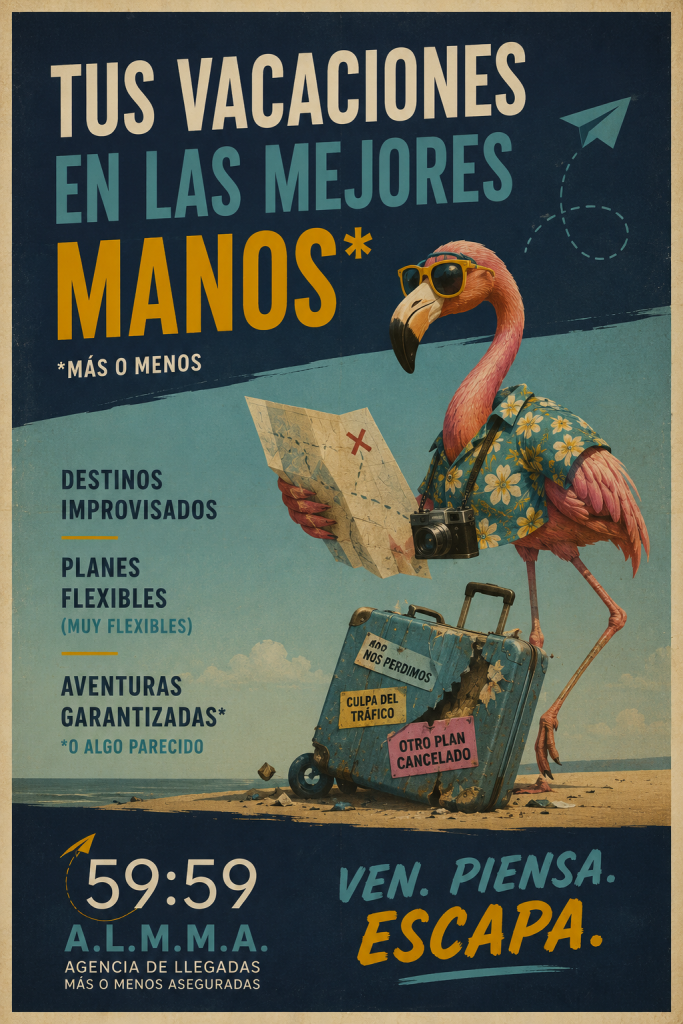 Cartel ALMMA 59:59: tus vacaciones en las mejores manos (más o menos)
